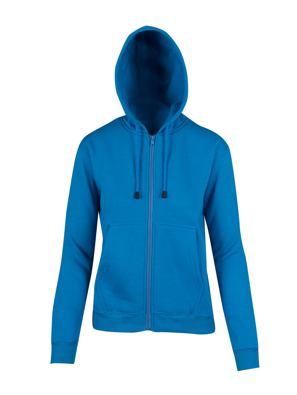 A bright blue zip-up hoodie featuring a hood and front pockets. It has a simple design and a logo. Womens/Juniors Zipper Hoodies with Pocket - Image 1