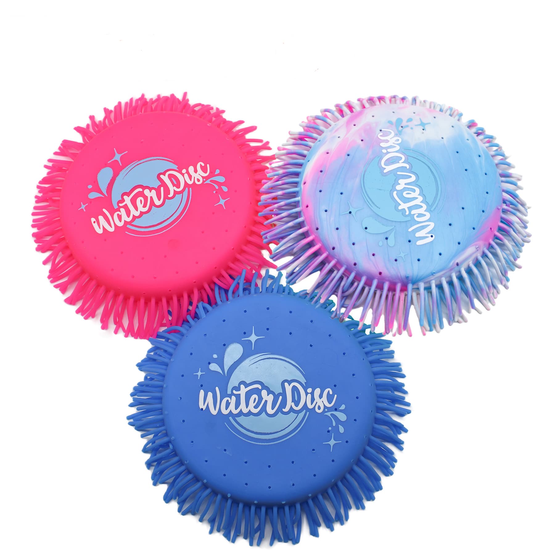 Three flying discs in pink, blue, and a blue/pink swirl design, featuring a logo on the surface. Splash Water Flying Disc Toys - Image 1