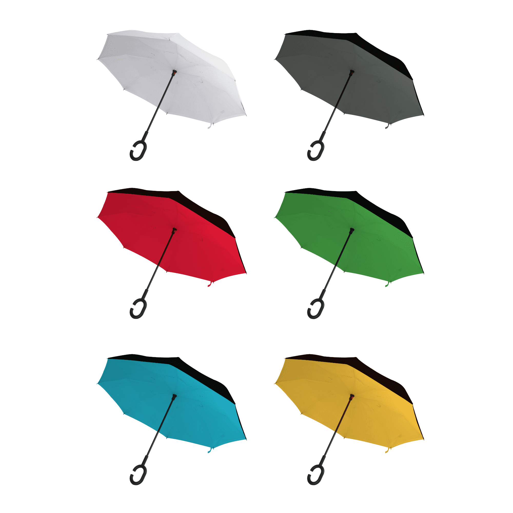 Six inverted umbrellas in white, grey, red, green, teal, and yellow, each with a black handle and a logo. Vienna Inverted Umbrella - Image 1
