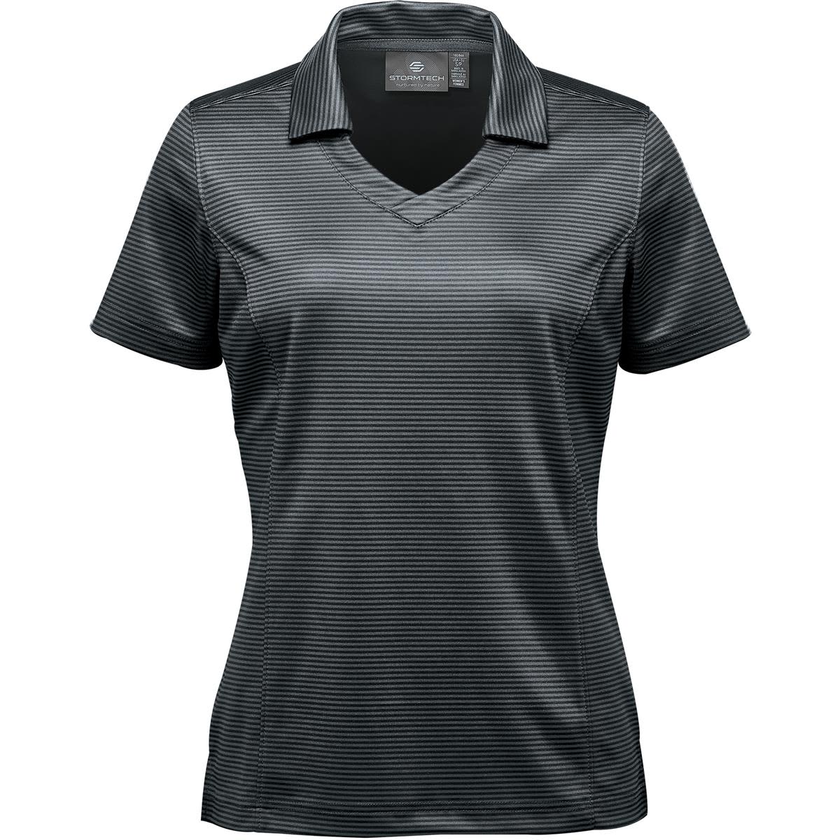 A women's polo shirt in dark grey with a textured striped pattern and a collar, featuring branding. Women's Gulf Stream Polo - Image 1