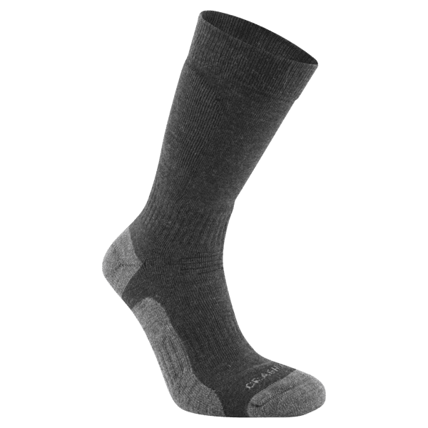 A grey sock featuring a ribbed texture and reinforced toe and heel areas. It has a branding logo on it. Trek Sock - Image 1