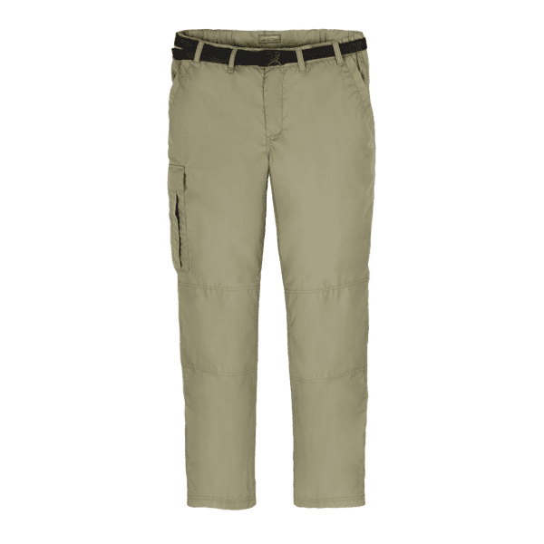 Khaki tailored trousers with a belt and side cargo pocket, designed for workwear. Features a logo on the waistband. Kiwi Tailored Trousers - Image 1