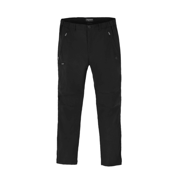 Black Kiwi Pro Stretch Trousers featuring multiple pockets and a logo, designed for comfort and mobility. Kiwi Pro Stretch Trousers - Image 1