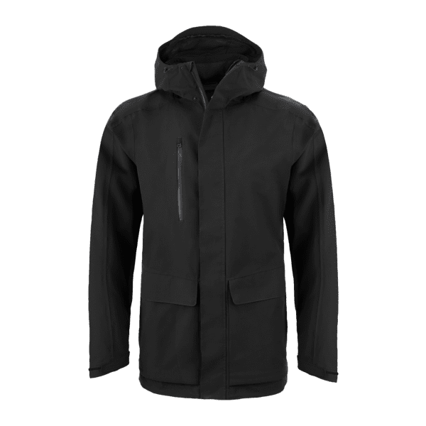 A black jacket with a hood, featuring zippers and pockets, designed for multifunctional use. Kiwi Pro Stretch 3 In 1 Jacket - Image 1