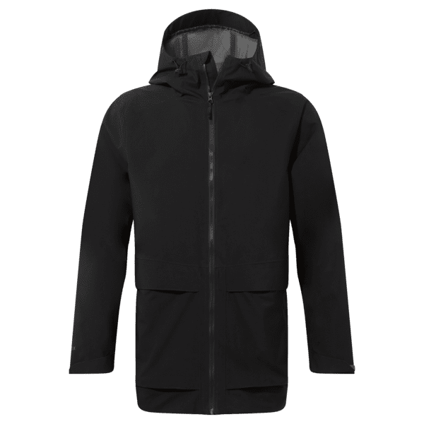 A black Gore-Tex rain jacket featuring a hood and front pockets, with a branding logo. Gore-Tex Jacket - Image 1