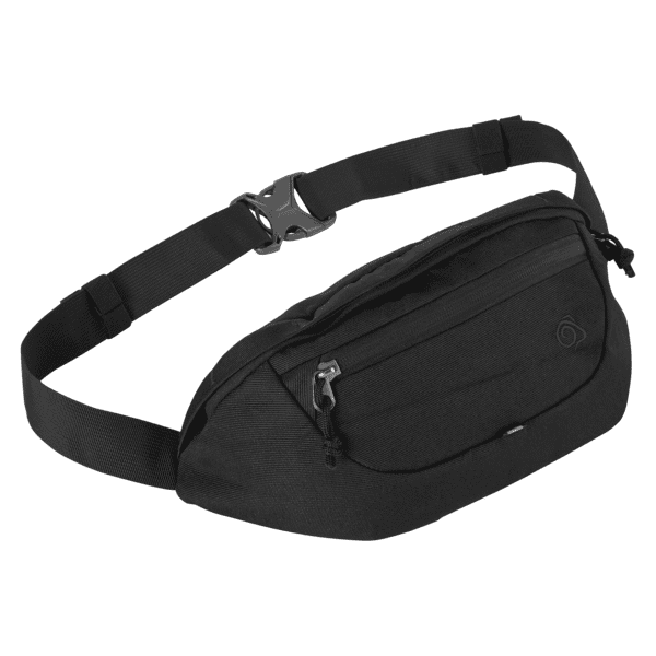 A black waist pack featuring a zippered compartment and an adjustable strap. It has a logo on the front. Kiwi Waist Pack - Image 1
