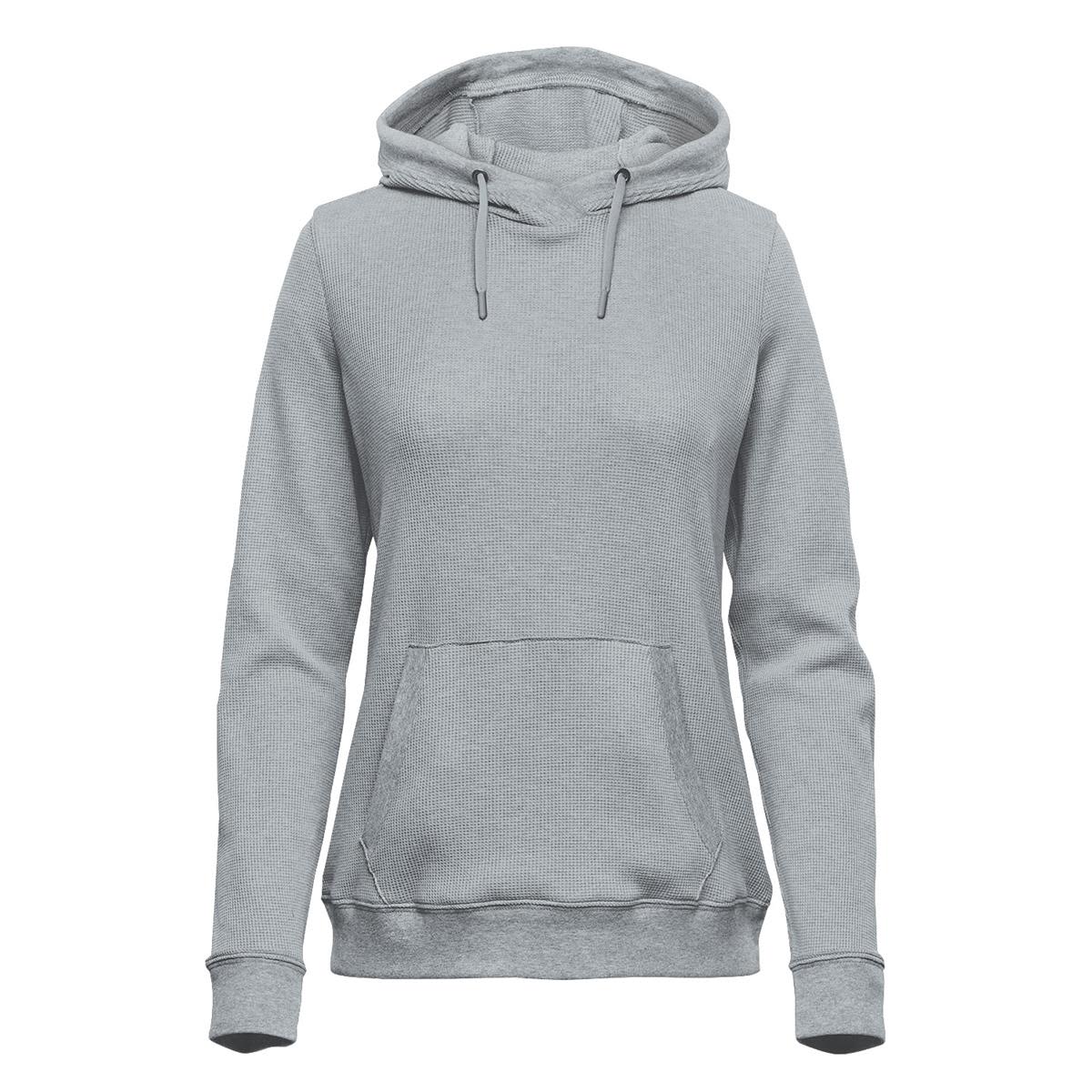 A grey women's pullover hoodie featuring a front pocket and drawstring hood. It has a subtle texture and includes a logo. Women's Ashburn Pullover Hoody - Image 1