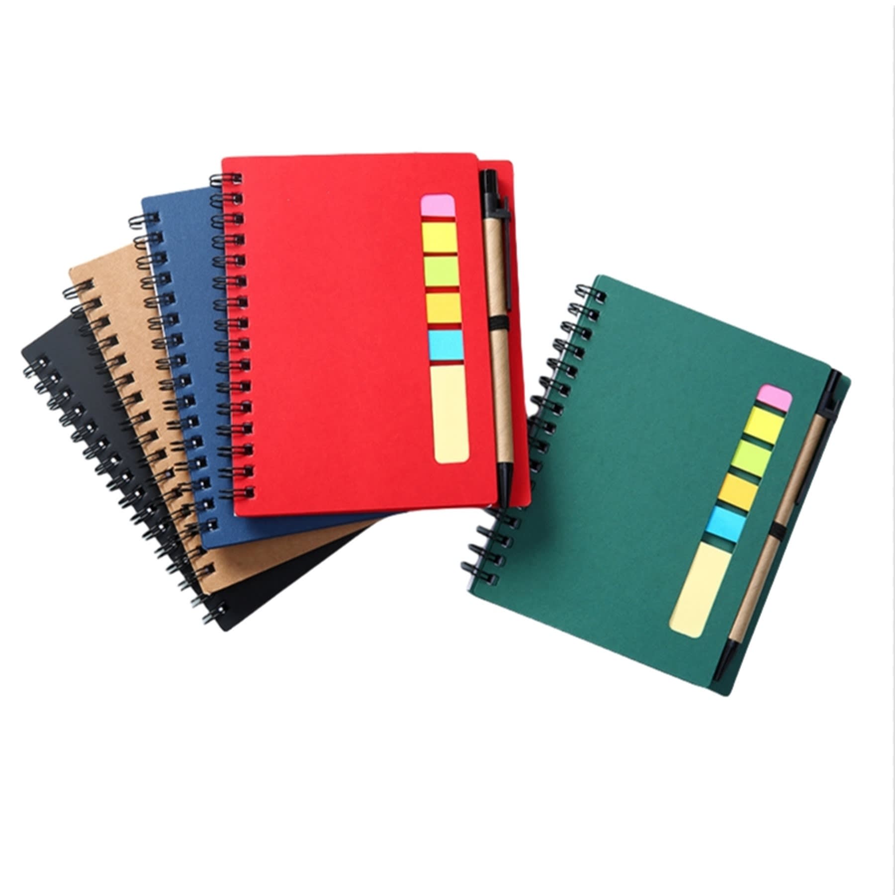 A collection of colourful notebooks in red, green, blue, black, and brown, each with a pen and sticky notes. Notebook with Pen - Image 1