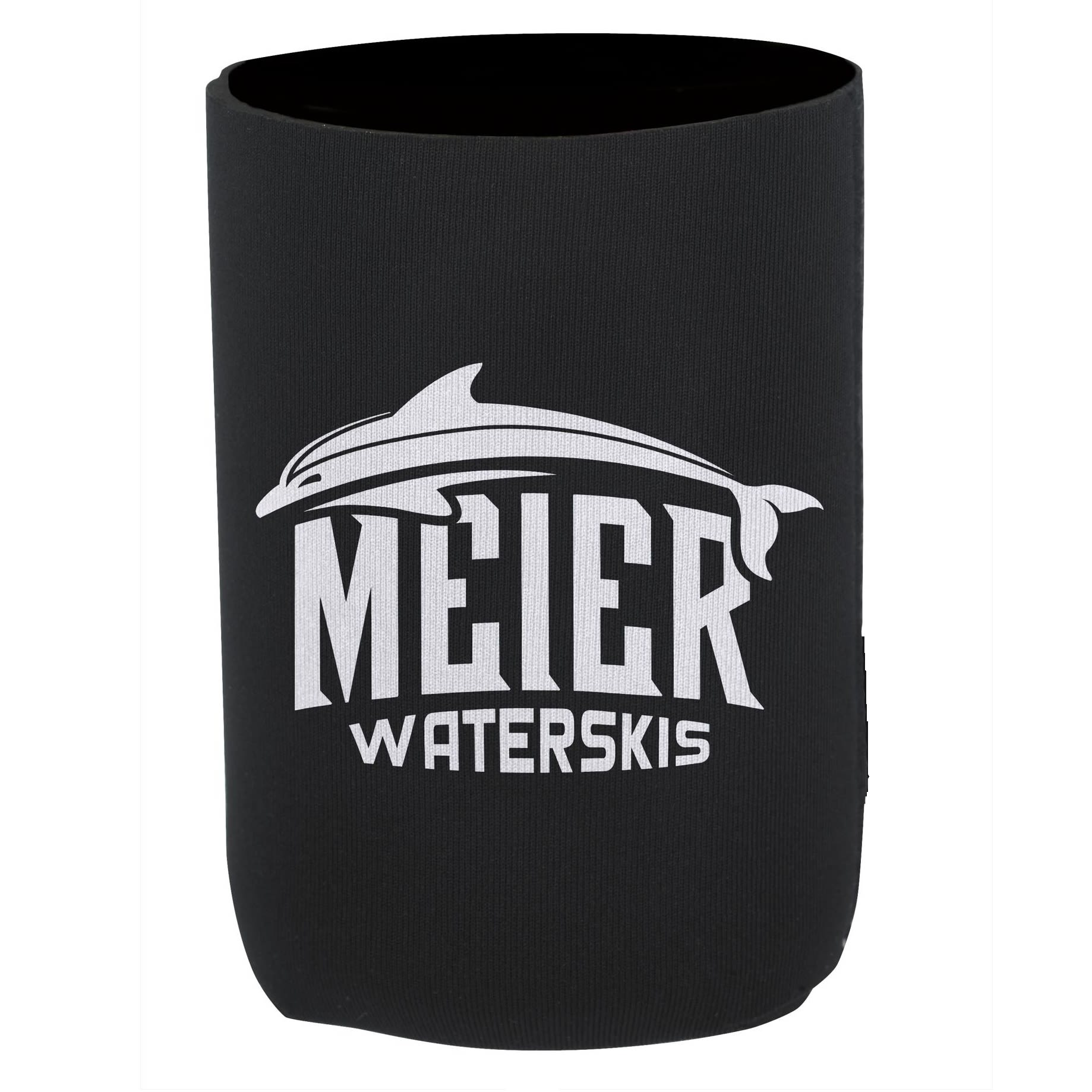 A black bottle cooler featuring a dolphin design and a logo. It is cylindrical in shape. Bottle Opener Can/Bottle Cooler - Image 1