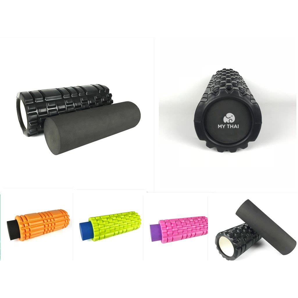 Extreme Muscle Foam Yoga Rollers in black, orange, green, pink, and purple with closed ends, featuring a logo. Extreme Muscle Foam Yoga Roller w/Closed End - Image 1