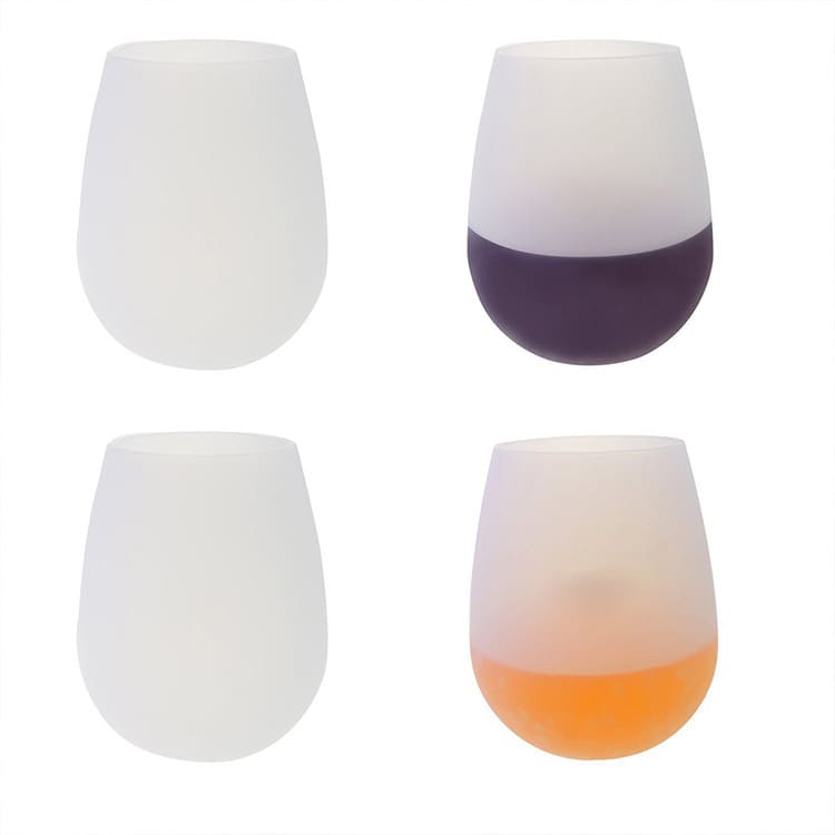 Four foldable silicone wine glasses in various colours: translucent white, purple, orange, and a gradient style. Each has a soft finish and a branding logo. Foldable Egg Silicone Wine Glass - Image 1