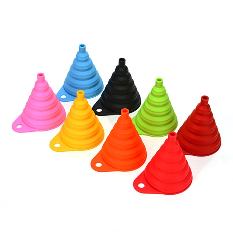 A collection of silicone collapsible funnels in pink, blue, black, green, orange, and red, arranged in a line. Silicone Collapsible Funnel Tools - Image 1