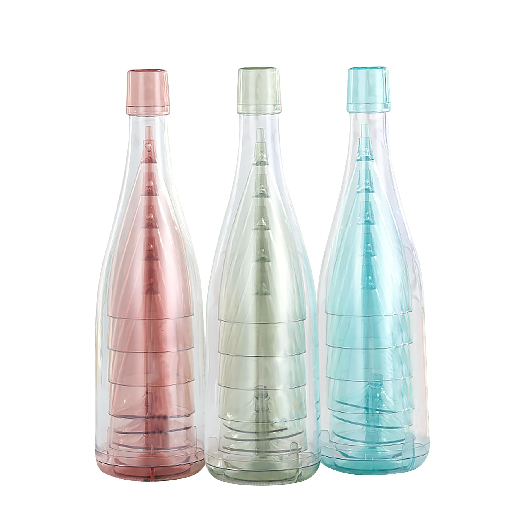 A set of three plastic drink bottles in rose, green, and blue, featuring a stacked design and one logo visible. Plastic Champagne Flutes Set 5PCS - Image 1