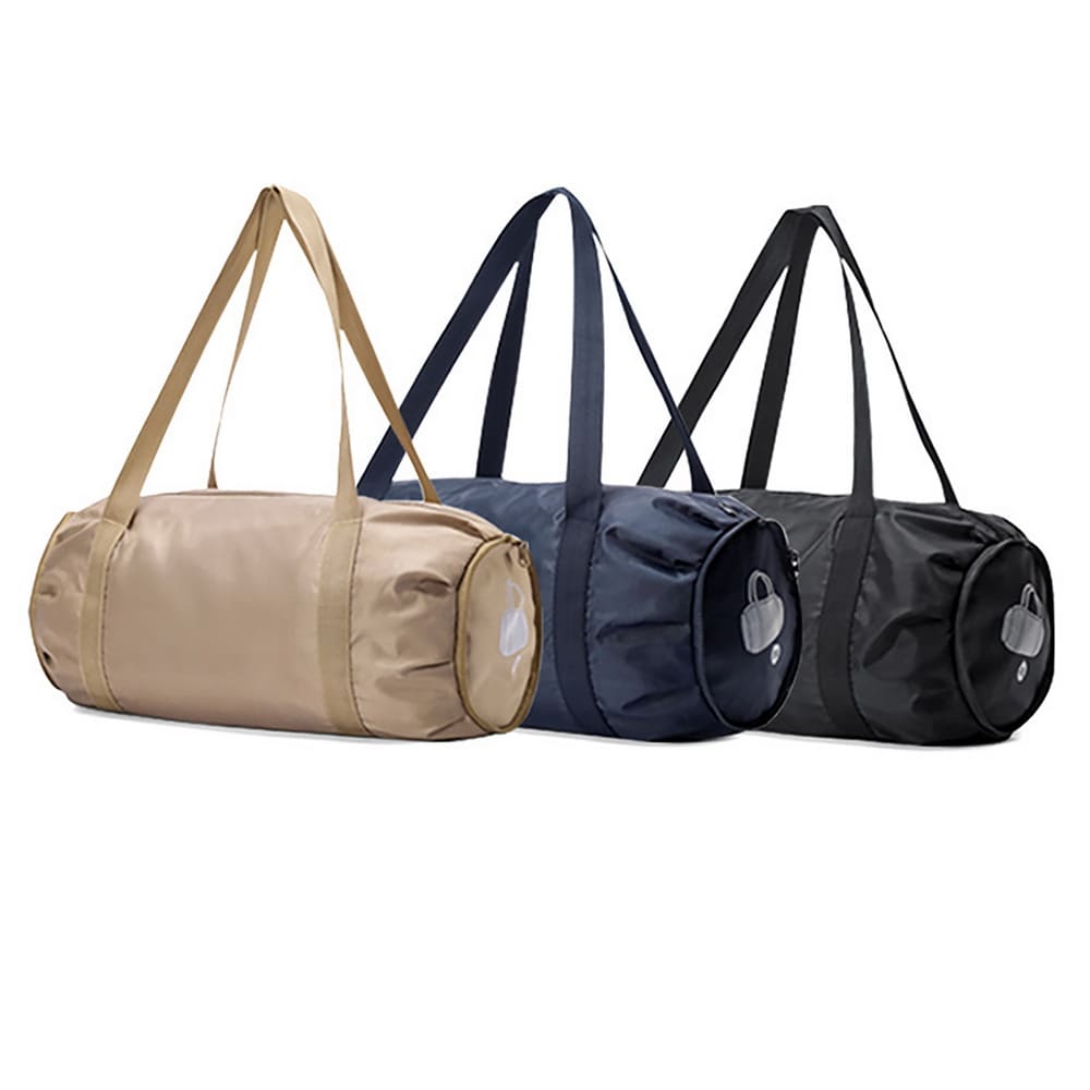 Three collapsible duffel bags in beige, navy, and black, featuring sturdy handles and a logo on each bag. Collapsible Duffel Bag - Image 1