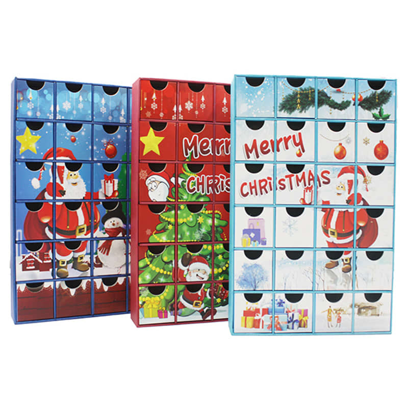 A set of three themed advent calendars featuring festive designs in red, green, and blue with drawers for treats. Custom advent calendar - Image 1