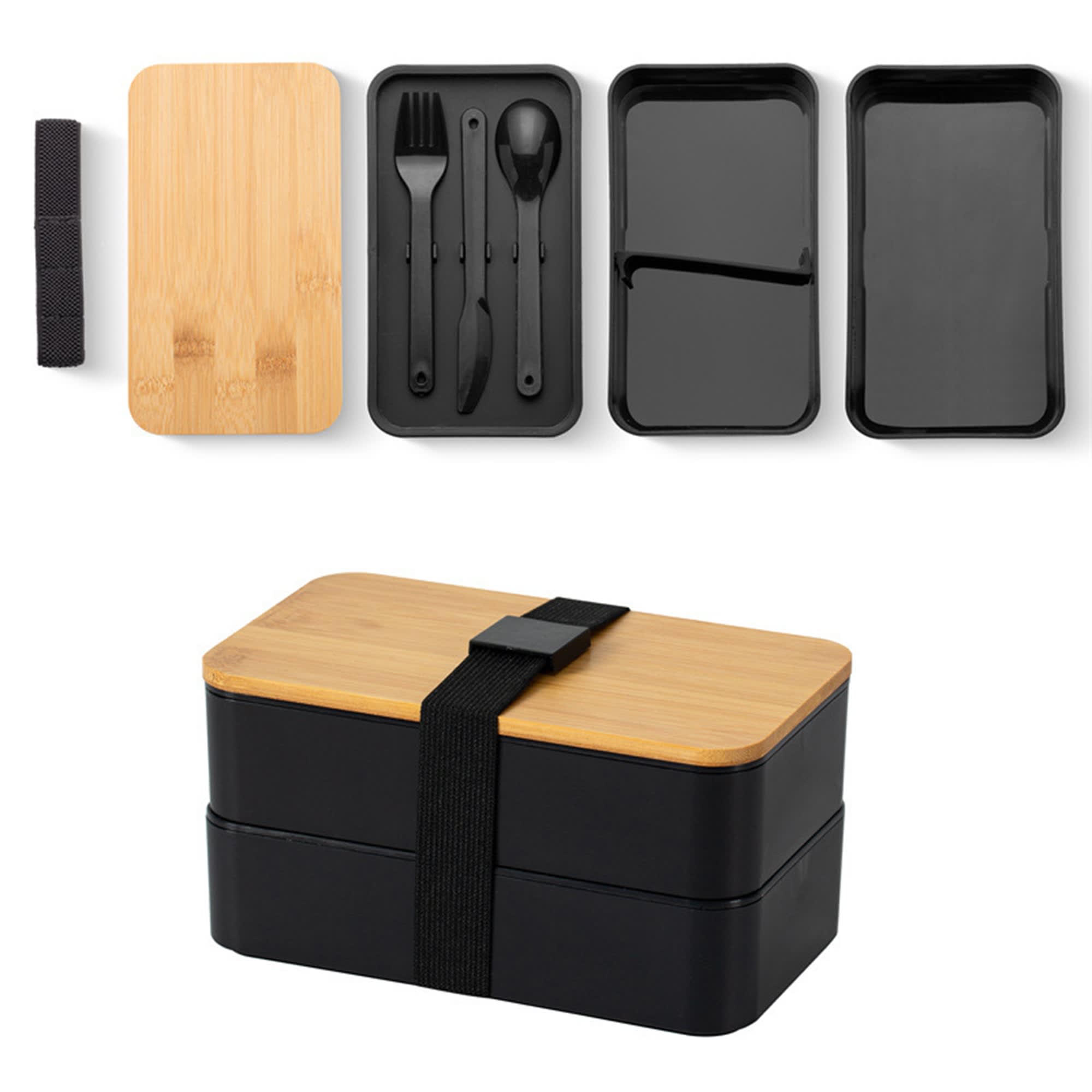 A black bento box with a bamboo lid and included utensils: fork, spoon, and a divider. It has a strap for closure. Wheat Straw Bento Box - Image 1