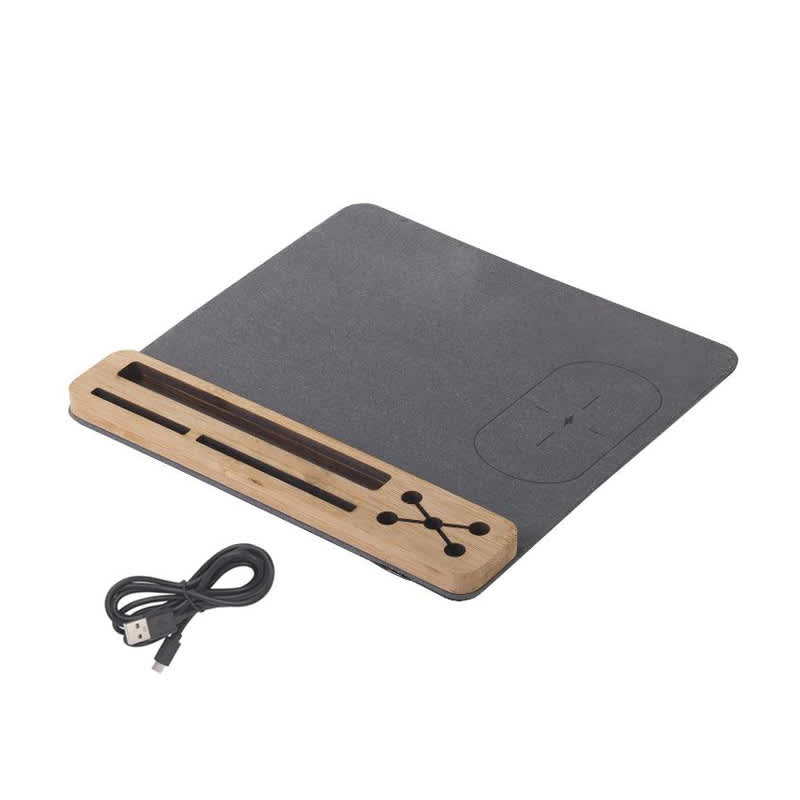 A mousepad in grey with a wooden wireless charger section and a USB cable included. Mousepad with Wireless Charger - Image 1
