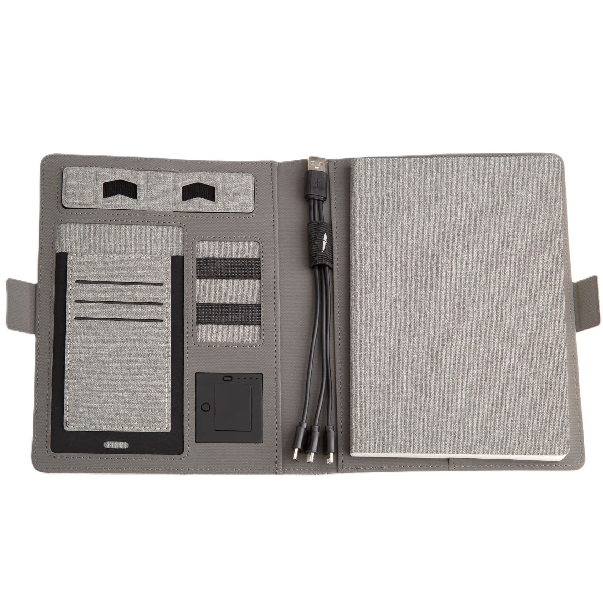 A grey wireless charging portfolio with pockets for cards and a notepad, featuring a USB cable and an interior logo. Wireless Charging Portfolio - Image 1