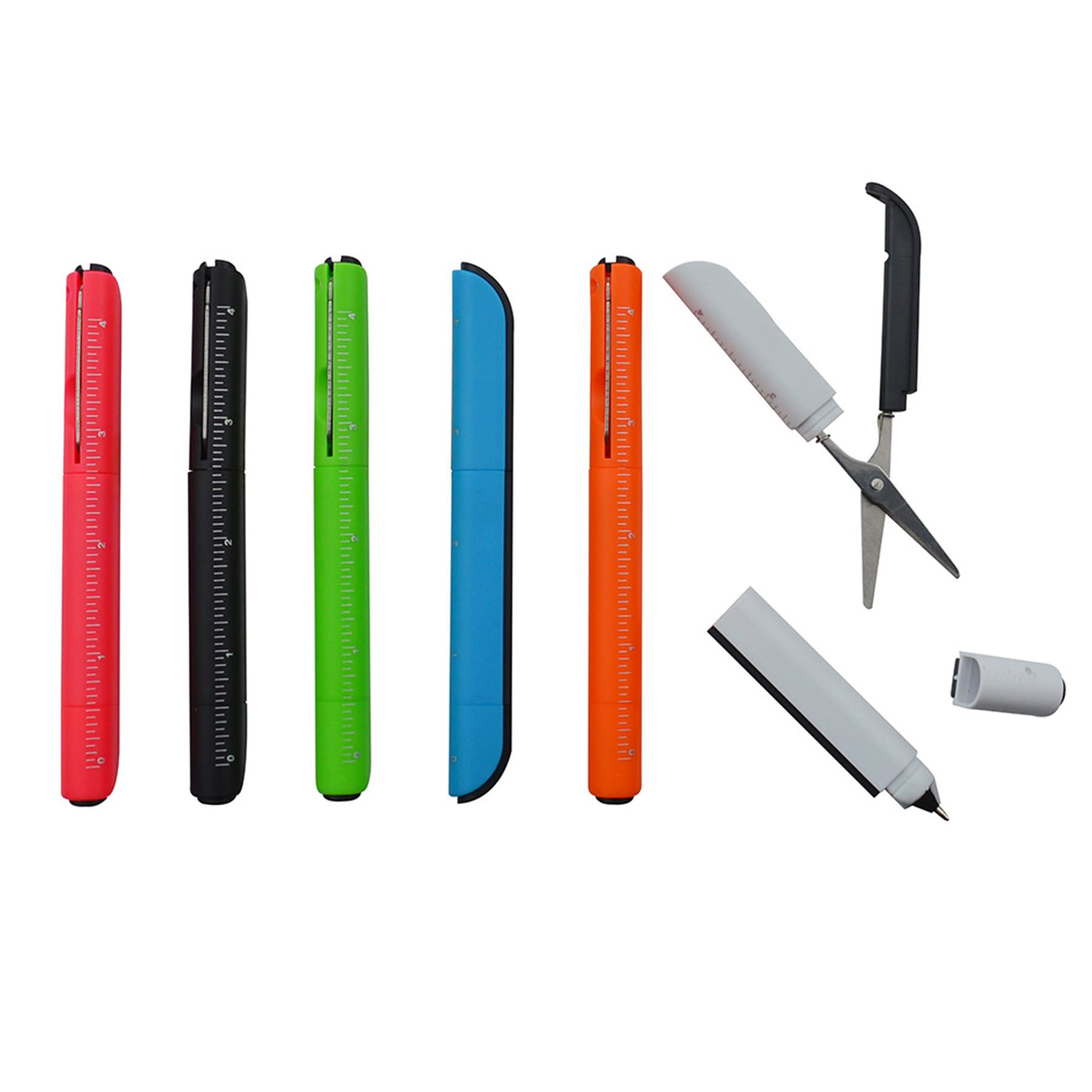 A collection of multi-tools in various colours including pink, black, green, blue, orange, and white, with scissors and a pen. 4 In 1 Multi Tool - Image 1