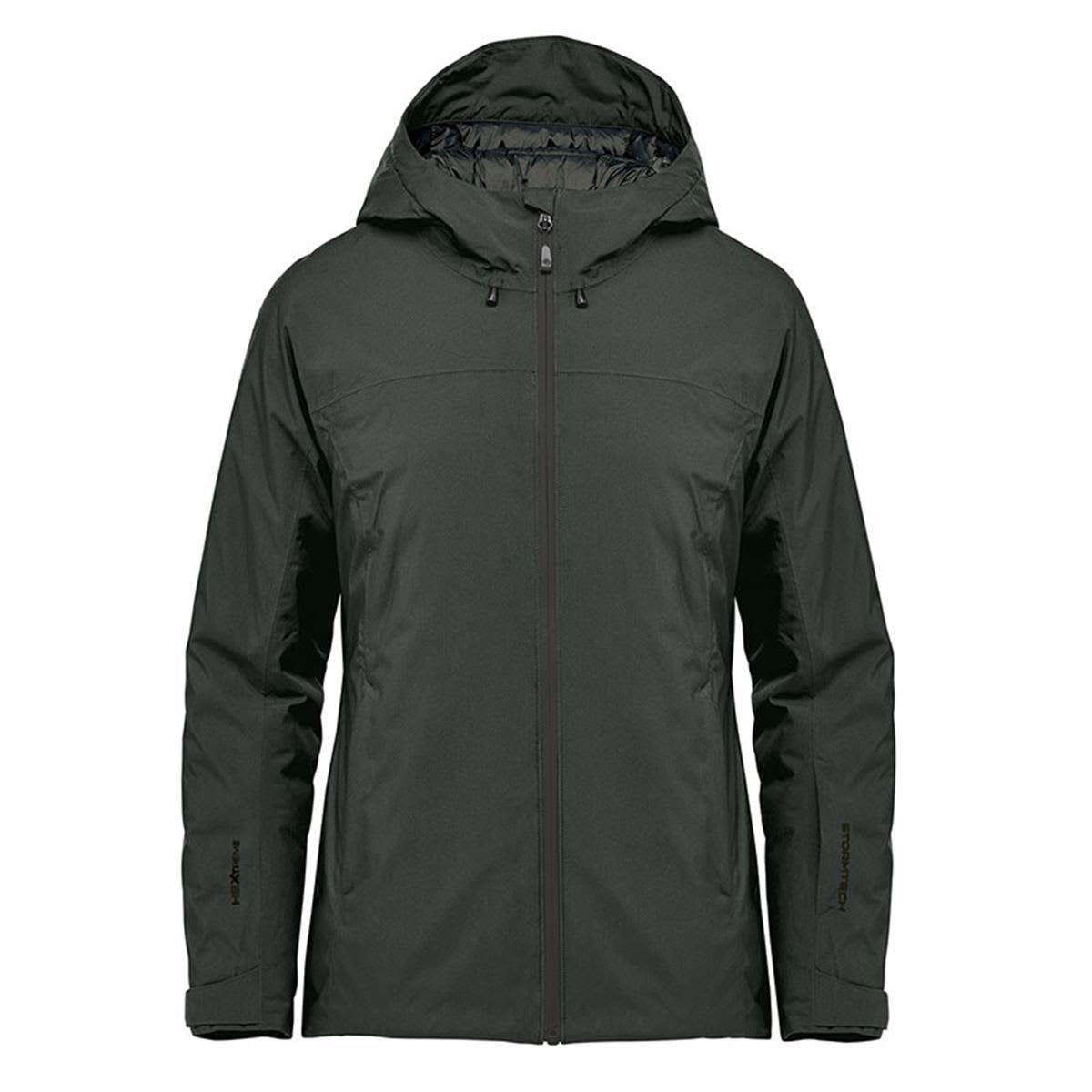 A women's thermal shell jacket in dark green, featuring a hood and a logo on the sleeve. Women's Nostromo Thermal Shell - Image 1