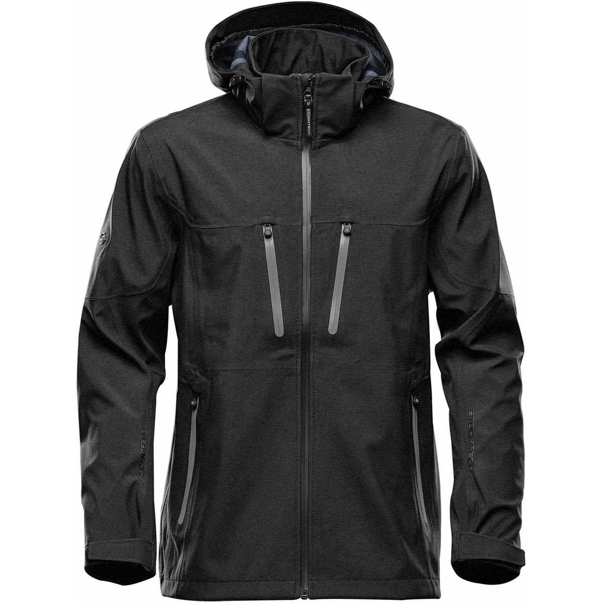 A black men's softshell jacket with a hood, featuring zippered pockets and a sleek design. Men's Patrol Softshell - Image 1