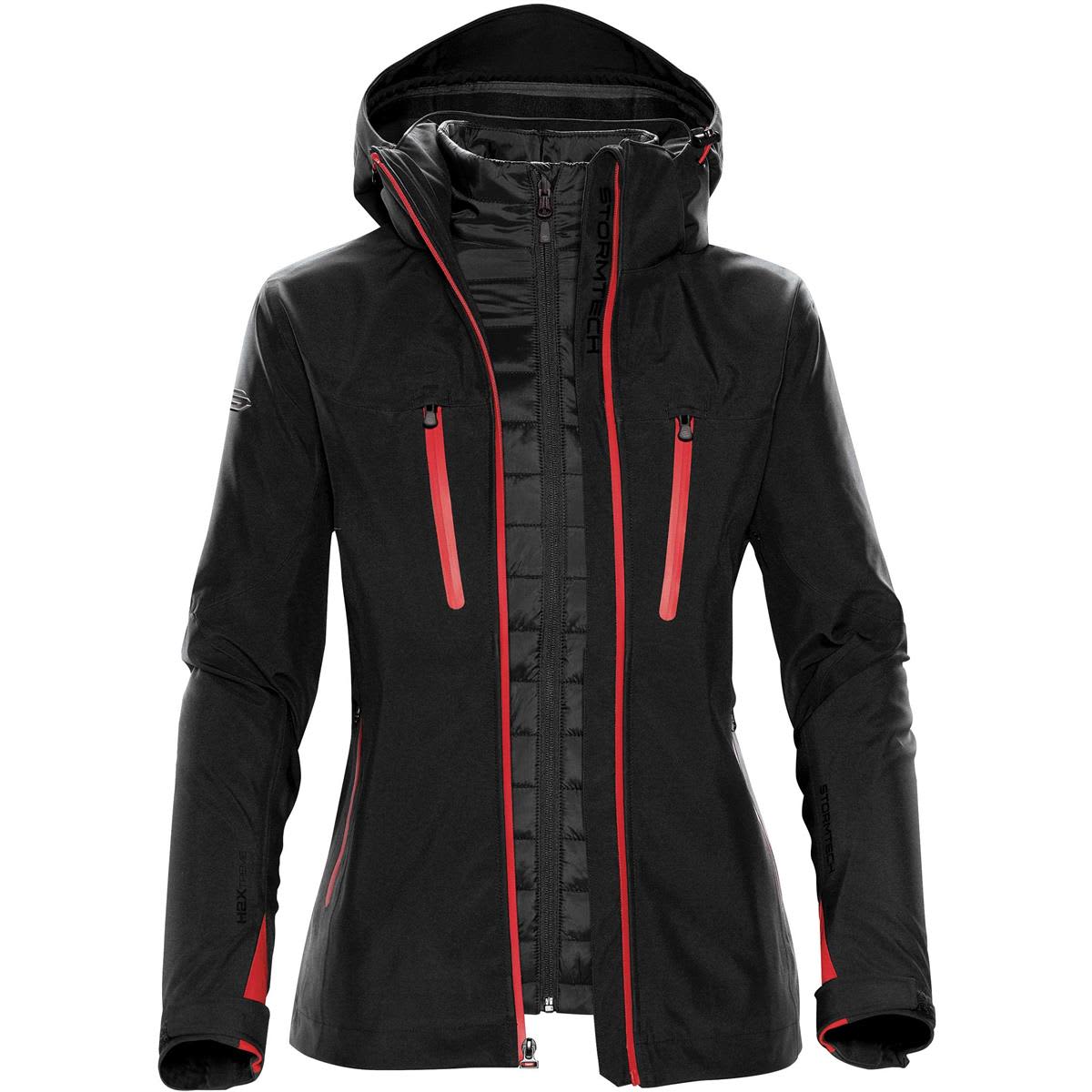 A women's jacket in black with red accents, featuring a hood and zippered pockets. It has a sleek, stylish design. Women's Matrix System Jacket - Image 1