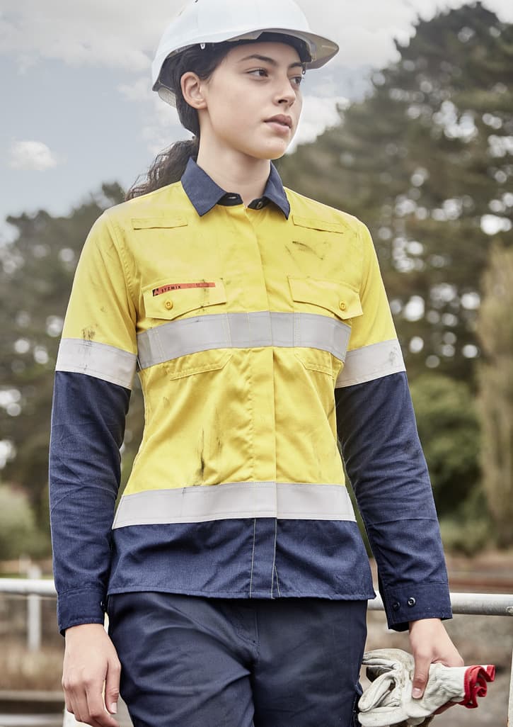 A lightweight women's shirt in orange and navy, featuring reflective taping and a logo. Suitable for workwear. Womens Orange Flame Lightweight Ripstop Taped Shirt - Image 1