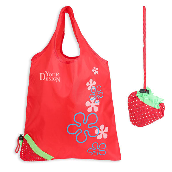 A red foldable shopping bag with a strawberry design, featuring flowers and a small pouch shaped like a strawberry. Strawberry Foldable Shopping Bag - Image 1