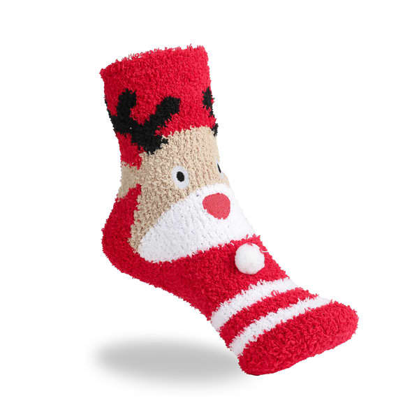 A pair of red fuzzy socks featuring a reindeer design with antlers and a pom-pom nose. Reindeer Fuzzy Socks - Image 1