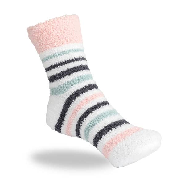 A striped fuzzy sock featuring colours of pink, white, black, and teal, with a soft, fluffy texture. Custom Fuzzy Socks - Image 1
