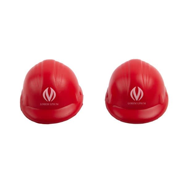 Red construction hat stress relievers with a logo, designed for fun and stress relief activities. Construction Hat Stress Reliever - Image 1