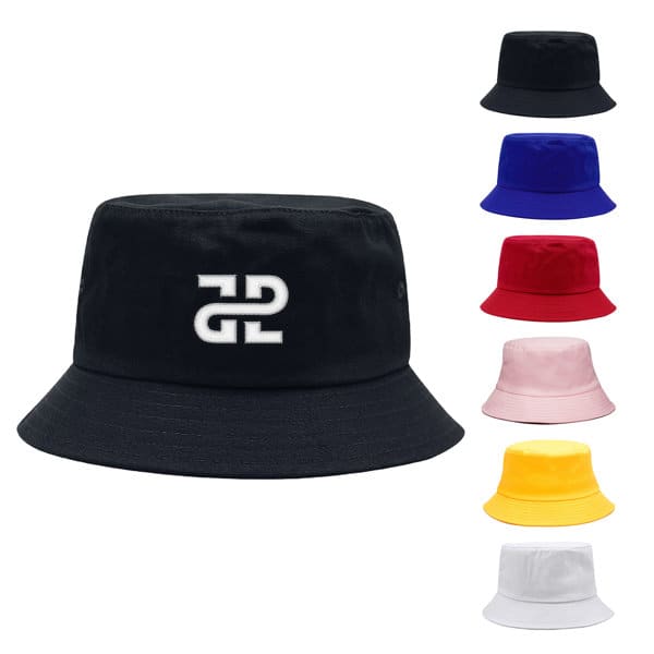 A custom cotton bucket hat in black, featuring a logo, with options in red, blue, pink, yellow, and white. Custom Cotton Bucket Hat - Image 1