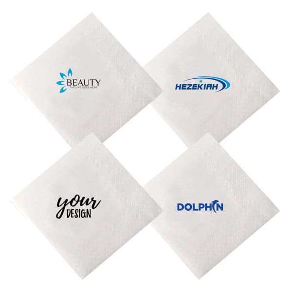 Four square paper cocktail napkins in white, each featuring a different logo design. Square Paper Cocktail Napkin - Image 1