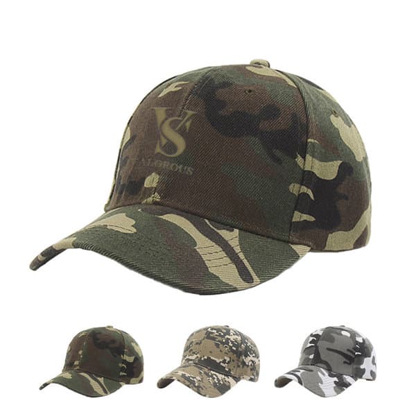 A camouflage baseball cap in green and brown tones with a logo on the front, alongside three other caps in different patterns. Camouflage Baseball Cap - Image 1
