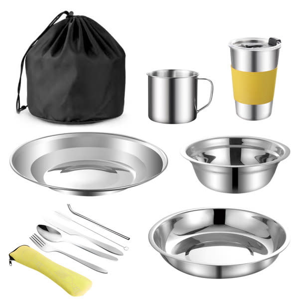 A stainless steel camping dish set featuring bowls, a cup, a mug with a yellow sleeve, cutlery, and a black storage pouch. Stainless Steel Camping Dish Set - Image 1