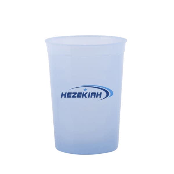 A frosted blue plastic stadium cup featuring a logo. Holds 12 oz of liquid, suitable for various beverages. Custom 12 oz. Frosted Stadium Cup - Image 1
