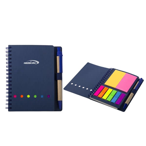 A navy spiral lined notepad with a pen and a section for vibrant sticky notes. Includes branding on the cover. Spiral Lined Kraft Notepad With Pen - Image 1