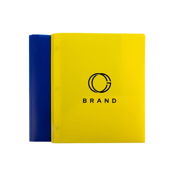A plastic pocket folder in yellow with a blue pocket, featuring a logo. Suitable for office use with three holes. Plastic Pocket Folder With 3 Hole - Image 1