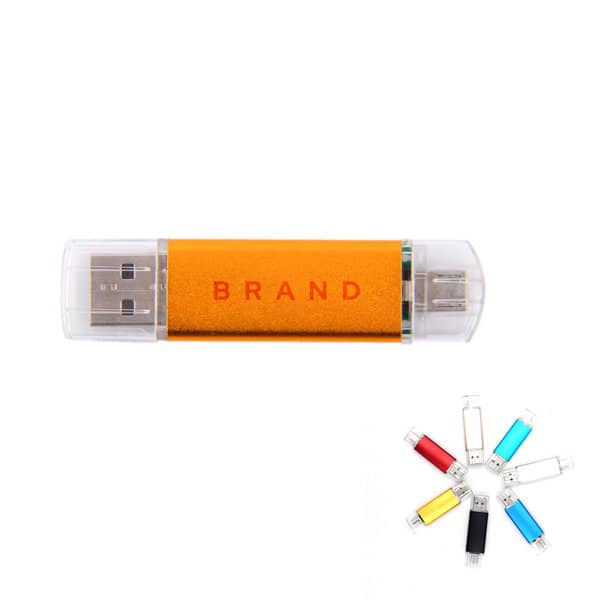 A 2GB custom USB flash drive with a clear casing and orange band, surrounded by various coloured flash drives. 2GB Custom 2 In 1 USB Flash Drive - Image 1