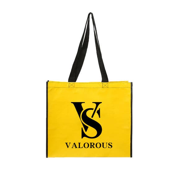 A yellow laminated non-woven tote bag with black handles and a logo on the front. Laminated Non-woven Tote Bag - Image 1