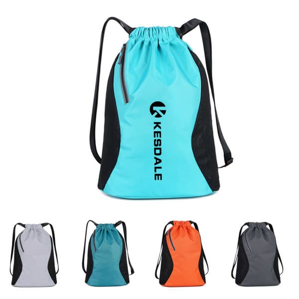 A drawstring backpack in teal with black accents, featuring a logo, available in grey, orange, and black options. Oxford Cloth Gym Drawstring Backpack - Image 1