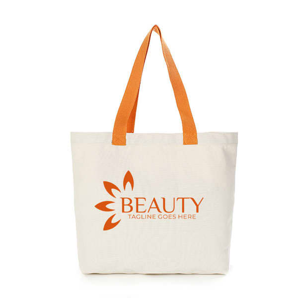 A cream canvas tote bag with orange handles and a logo in the centre. The bag is spacious and sturdy. Custom 16 oz. Canvas Tote Bag - Image 1