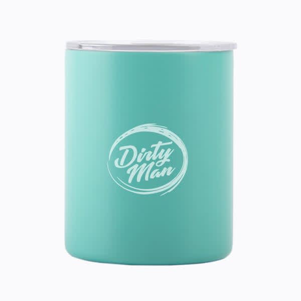 A drink bottle in a teal colour with a lid and a logo on its side. It's a 12 oz. customised slim insulated tumbler. 12 oz. Customized Slim Insulated Tumbler With Lid - Image 1