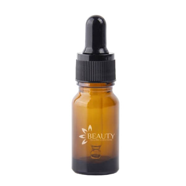 An amber essential oil bottle with a black dropper lid, featuring a logo printed on the front. 10ml Amber Essential Oil Bottles - Image 1