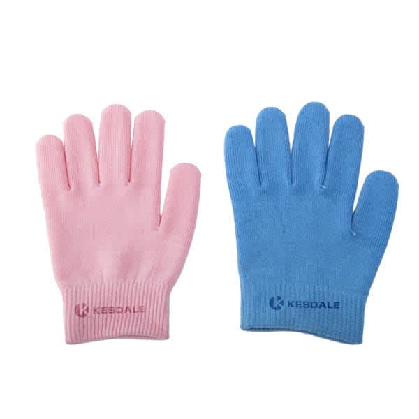 A pair of gel spa moisturising gloves in pink and blue, featuring a logo on each glove. Gel Spa Moisturizing Gloves - Image 1