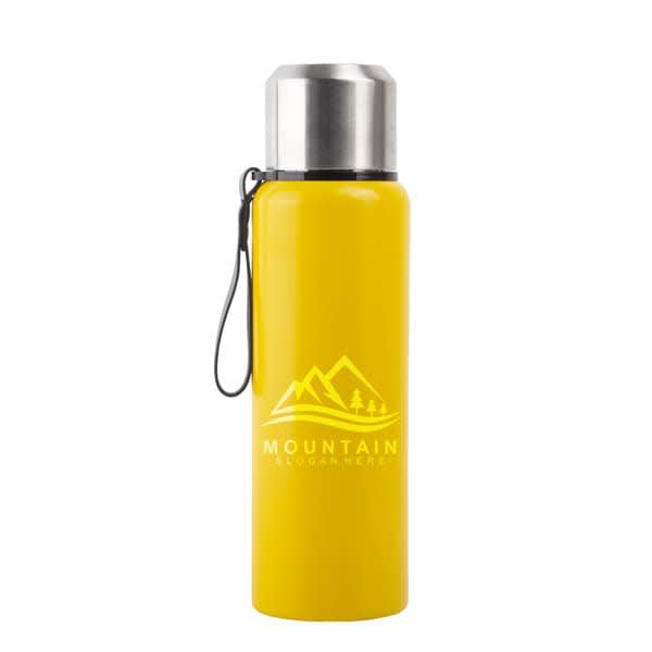 A drink bottle in bright yellow with a stainless steel lid and a logo featuring mountains. 26 oz. Double Wall Vacuum Insulated Thermos Flask - Image 1
