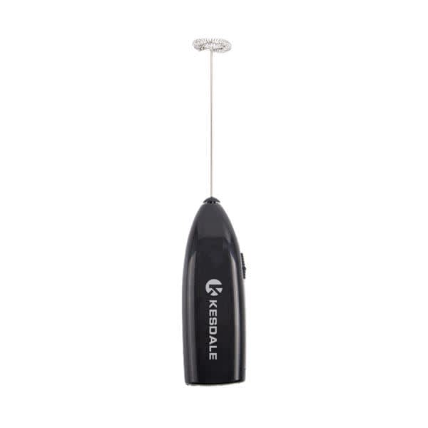 A black electric handheld frother with a whisk attachment, featuring a logo on the body. Electric Handheld Frother - Image 1