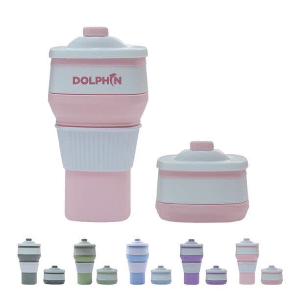 A drink bottle in pink and white silicone, featuring a logo, designed to be foldable for travel convenience. 11 oz. Silicone Foldable Travel Cup - Image 1