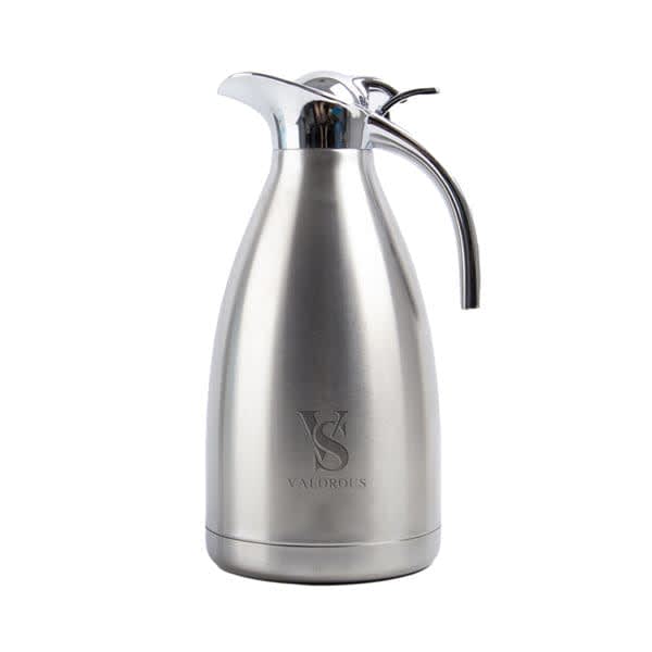 A stainless steel thermal coffee carafe with a sleek design and a shiny silver finish, featuring a logo. Stainless Steel Thermal Coffee Carafe - Image 1