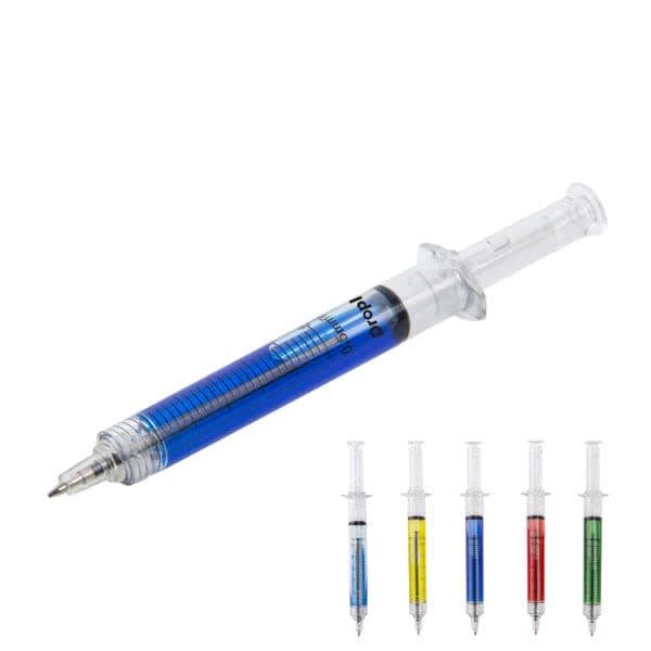 A multicoloured pen designed like a syringe, featuring blue ink with additional pens in yellow, red, green, and blue. Personalized Novelty Multicolor Syringe Pen - Image 1